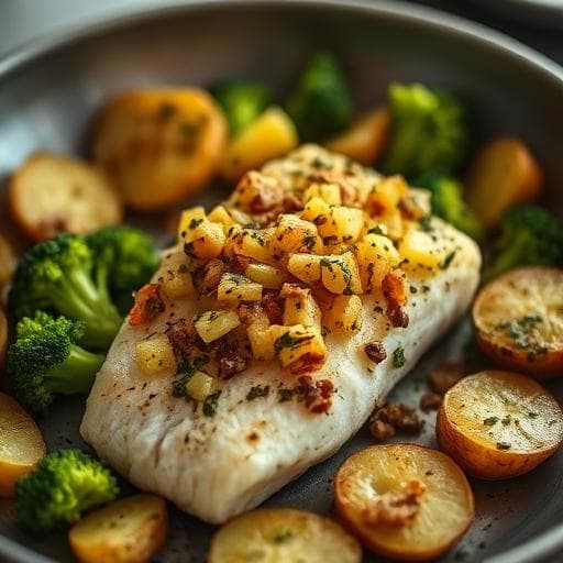 Baked Bluefish with Anchovy‑Broccoli Salad, Thin‑Sliced Crispy Potatoes, and Garlic‑Thyme Pangritata