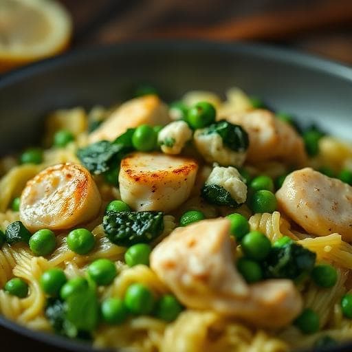 High-Protein Lemon Chicken Orzotto with Spinach and Peas