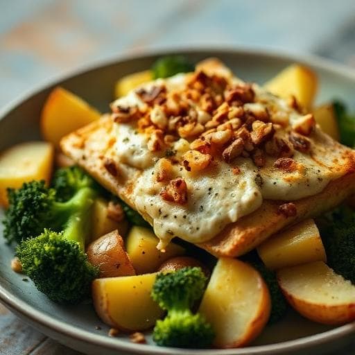 Vegetarian High‑Protein Broccoli & Thin‑Sliced Potato Tofu‑Tempeh Bake