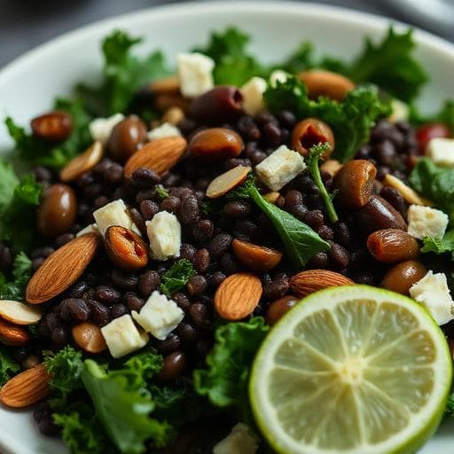 High-Protein Lentil & Kale Salad with Lime, Artichokes, and Mixed Olives