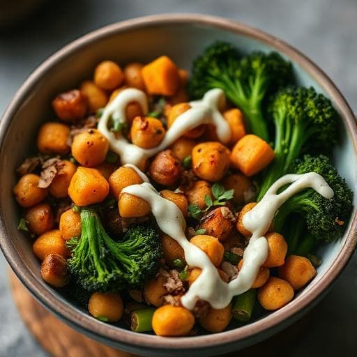 Spiced Coconut Chickpea & Sweet Potato Bowl with Charred Broccolini
