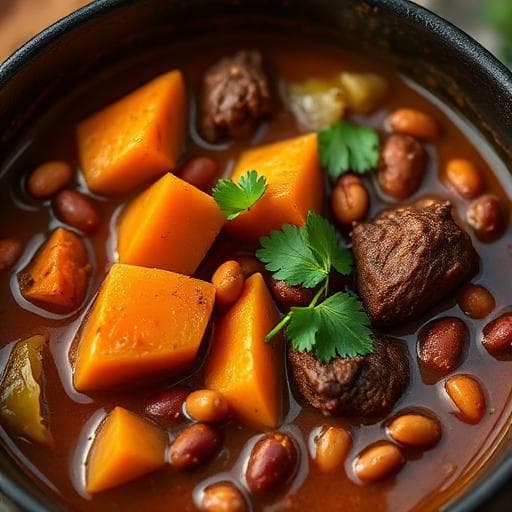 Innovative Spiced Soy Beef & Sweet Potato Stew with Bean Medley & Miso‑Infused Broth