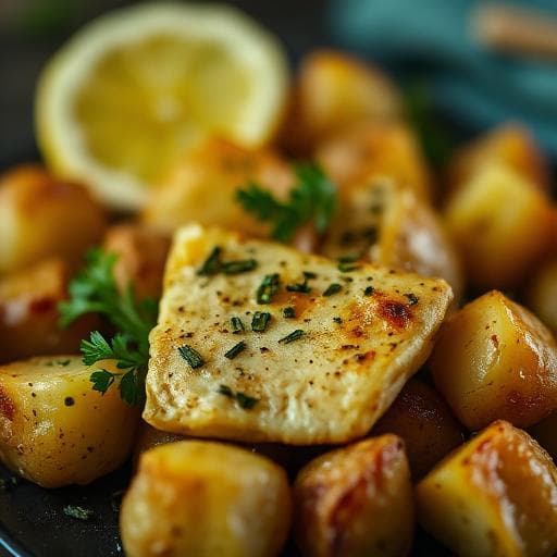 Lemon‑Thyme Marinated Tempeh with Garlic Roasted Potatoes