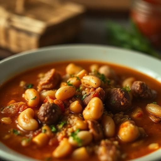 Gluten‑Free, Dairy‑Free Bean, Quinoa & Red Pesto Stew with Chicken Sausage