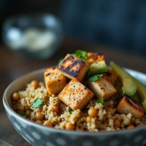 Herb‑Marinated Tofu & Tempeh with Quinoa‑Chickpea Avocado Bowl