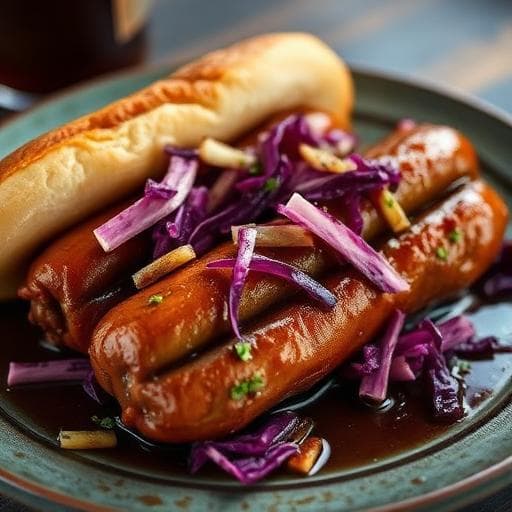 Beer‑Braised Chicken Bratwurst with Apple‑Purple Cabbage Slaw